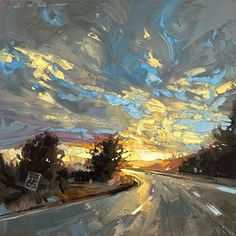 an oil painting of the sun setting over a road