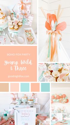 a collage of photos with pastel colors and text that reads boho fox party young, wild & three