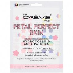 Petal Perfect Skin - Hydrocolloid Acne Patches | Pink & Holographic by the Creme Shop. Hydrocolloid Acne Patches conceal pimples and extract impurities from the skin, resulting in a pain-free solution to blemishes. Hydrocolloid patches work by pulling out oils and secretions while simultaneously healing the tissue around the infected area. Hydrocolloid Patches, Study Core, Acne Patches, Acne Patch, The Creme Shop, Pimple Patches, Creme Shop