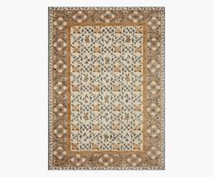 a rug with an intricate design on the front and back side, in beige tones