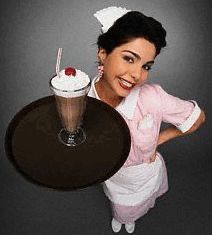 a woman is holding a tray with a drink on it and posing for the camera