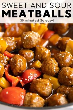 sweet and sour meatballs with peppers in a skillet text reads, sweet and sour meatballs 30 minutes so easy