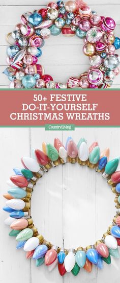 a wreath made out of glass beads with text overlay saying 50 festive diy christmas wreaths