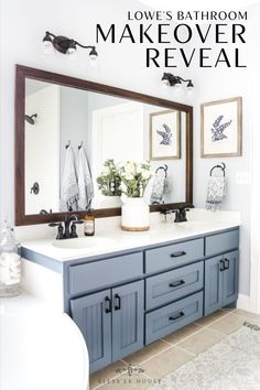 a bathroom vanity with blue cabinets and white counter tops is featured in an article titled love's bathroom makeover reveal