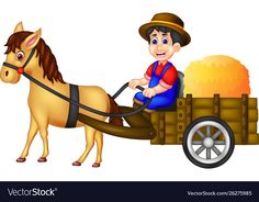 a boy riding in a horse drawn cart with hay on the back and an orange fire behind him