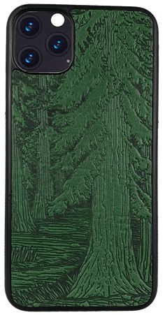 an iphone case with trees in the woods on green leather, front and back view