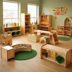 children's playroom with wooden furniture and toys