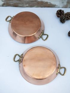 two metal plates with handles on top of a white table next to some pine cones