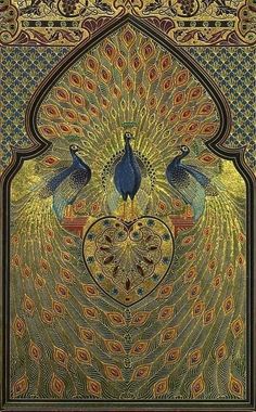 an ornate painting with two peacocks on it