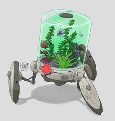 an image of a robot that is in the water with plants and fish inside it