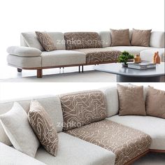 two pictures of a couch with pillows on it and the same couch in different positions