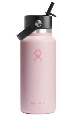 the hydro flask water bottle is pink and has a black cap on it's top