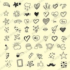 the various tattoos are drawn on paper and placed in different shapes, sizes and colors