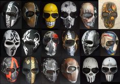 many different types of skulls and faces painted on masks