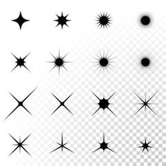 black and white stars on transparent background, set of nine different shapes with glares