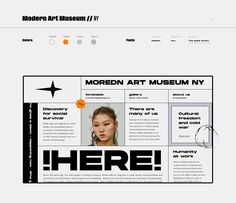 the modern art museum's website page is displayed in black and white, with orange accents