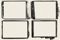 four square frames with grungy edges are shown in black and white, one is empty