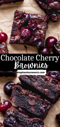 chocolate cherry brownies on parchment paper with cherries in the background and text overlay