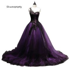 Purple And Black Wedding Dresses One Shoulder Long Tulle Ball Gown Gothic Bridal Dress Lace Purple And Black Gown, Dark Purple Quince, Purple And Black Wedding, Wedding Dresses One Shoulder, Epic Sans, Black Dress Aesthetic