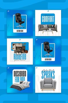 four different types of chairs and couches with the words comfort, designed for you on them