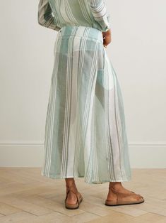 Admona doesn't see itself as just a label, but a global community uniting artisans skilled in traditional techniques. This 'Dareen' skirt is cut from striped homespun gauze for a relaxed shape and threaded with a self-tying belt. Wear yours with a strappy top and sandals. Gauze Skirt, Gauze Skirts, Strappy Top, Green Skirt, Beauty Sets, Traditional Techniques, Jeans Dress, Women Collection, Denim Dress