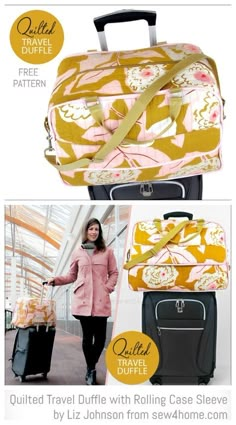 an advertisement for luggage with the words, quilted travel duffle with rolling case sleeve