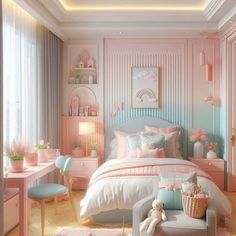 a bedroom decorated in pastel pink and blue