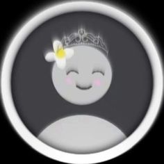 a white circle with a smiley face and a crown on it's head, in front of a black background