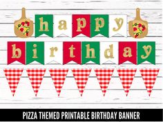 happy birthday banner with pizza theme and buntings on white wood planks background