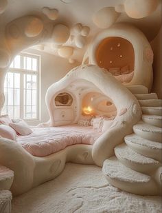 a bedroom with a bed made out of white foams and lots of bubbles on the ceiling