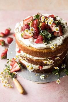 a cake with white frosting and strawberries on top, surrounded by daisies