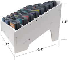 a white shelf with several different colored cases in it and the measurements for each one