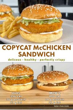 two chicken sandwiches and fries on a plate with the words copycat mchicken sandwich