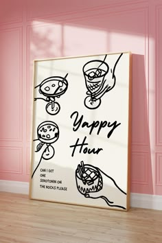 a sign that says happy hour on it in front of a pink wall and wooden floor