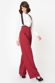 Silk Maison, Vintage Brand Clothing, Uv Clothing, Red Backdrop, 70s Inspired Fashion, 70s Outfits, Suspender Pants, Dapper Day, Pinstripe Pants