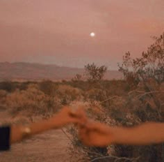 two hands reaching out towards each other in front of the moon and desert with trees