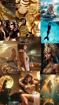 a collage of photos with gold coins and mermaids in the water, including one woman