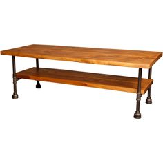 a wooden table with metal legs and a shelf on the bottom that has two shelves underneath it