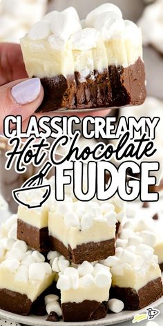 Hot Chocolate Fudge Hot Chocolate Fudge Recipe, Pecan Pie Cheesecake Recipe, Party Ideas Games, Marshmallow Fudge, Milk Chocolate Fudge, Hot Chocolate Fudge, Pecan Pie Cheesecake, White Chocolate Fudge