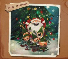 an old fashioned christmas card with santa claus and his elves in front of a tree