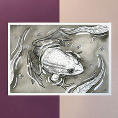 a black and white drawing of a frog in water