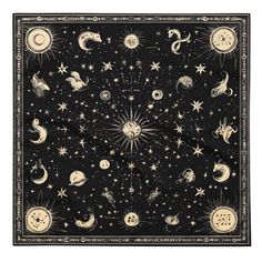 a square scarf with zodiac signs and stars in the night sky, on a white background