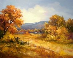 an oil painting of trees and mountains in the distance with yellow grass, dirt road and fence