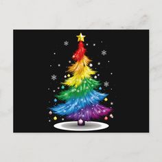 a brightly colored christmas tree with snowflakes on the top and stars around it