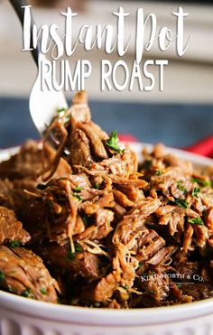 instant pot rump roast in a white bowl with a spoon