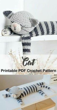 crocheted cat laying on top of a white shelf next to another photo with text overlay that reads printable pdf crochet pattern