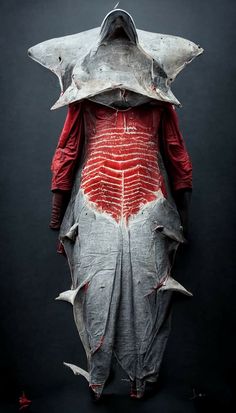 a person in a costume made out of meat and shark fins is standing against a black background