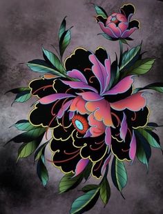 a painting of flowers on a black background