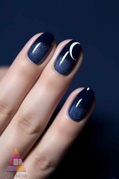 Moon nail designs meet elegance in this chic manicure. The dark blue polish with a delicate crescent moon creates a stunning, classy short nail design. Perfect for any occasion! Visit nailhow.com for more inspiration. Dark Nail Ideas Short, Crescent Moon Nail Design, Dark Blue Nails With Design, Dark Blue Nail Designs, Navy Nail Art, Goth Nail Art