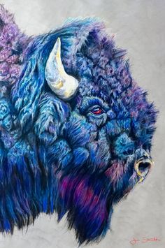 a painting of a bison with horns on it's head and purple fur around its neck